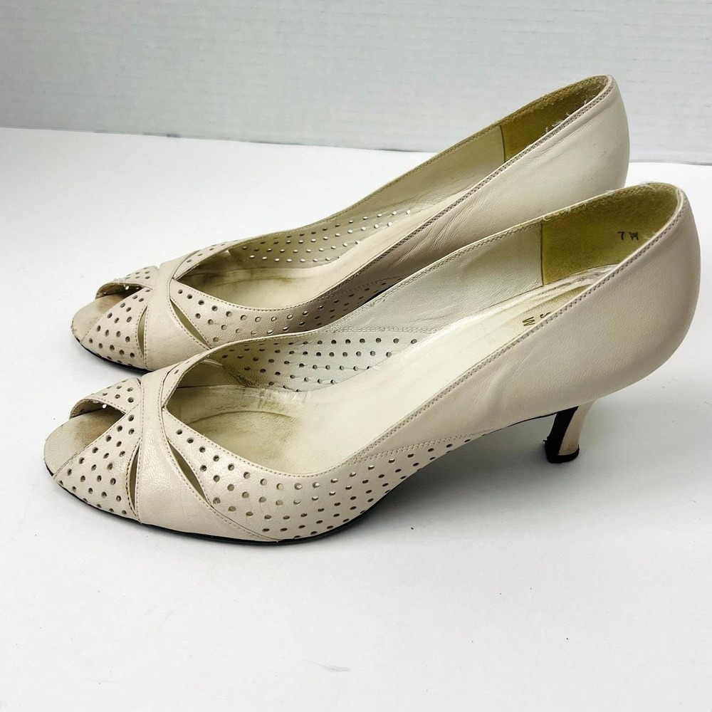 Stuart Weitzman Beige Perforated Peep-Toe Kitten Heels